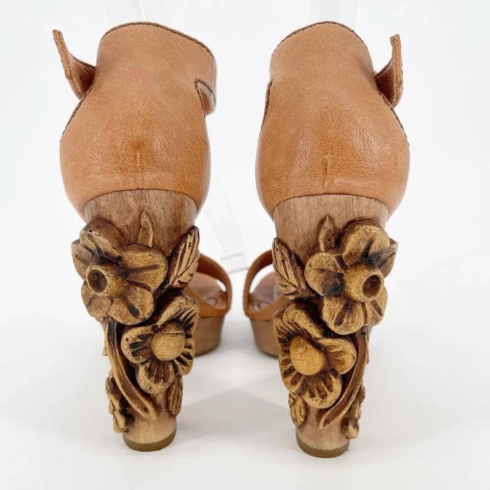 Miu Miu Vintage Camel Tan Floral Flower Carved Wood Heel Platform Sandal IT 37.5 - Picture 8 of 12